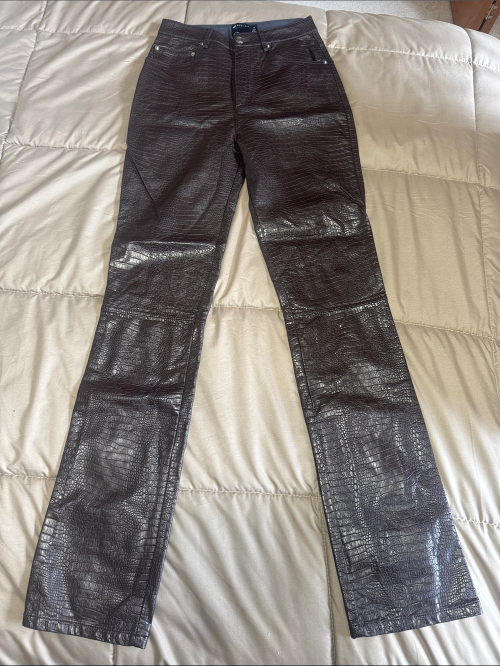 ASOS Dark Brown Croc-Embossed Faux Leather Straight-Leg Pants